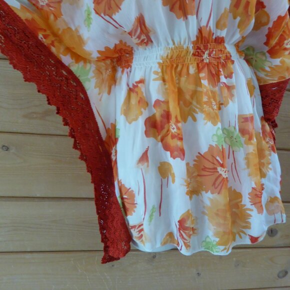 Kohinoor Orange Floral Crochet Lightweight Cinched Blouse Tunic Top NWT - Picture 5 of 10